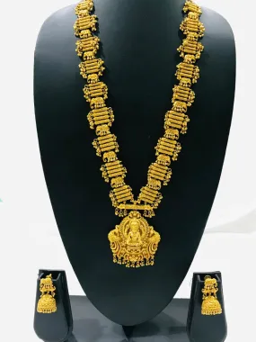 Magnificent Antique Gold Matte Finished Temple Design Long Chain With Jhumka Earrings