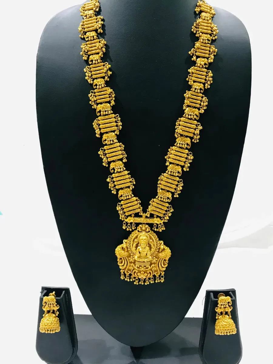 Magnificent Antique Gold Matte Finished Temple Design Long Chain With Jhumka Earrings