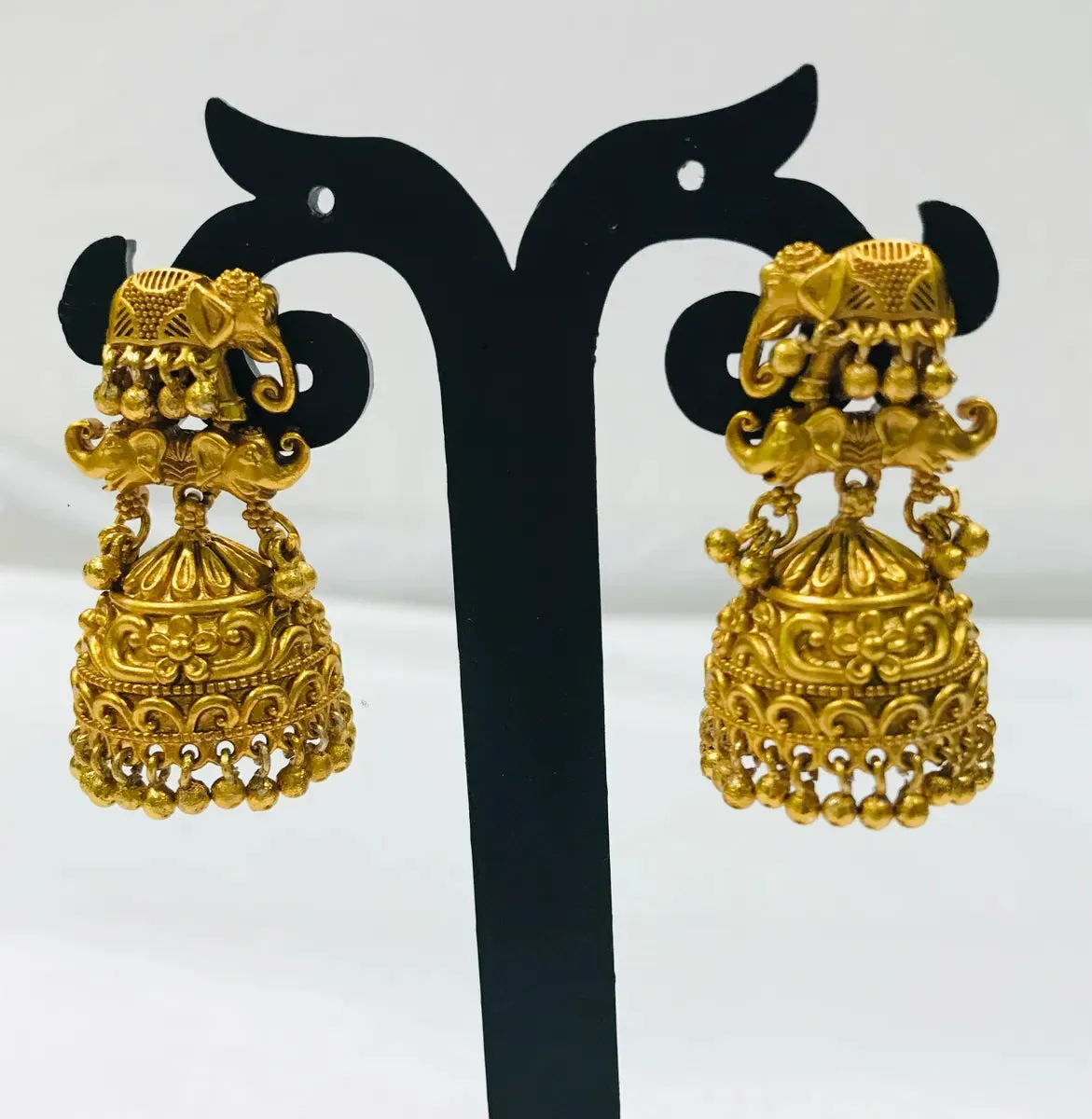 Magnificent Antique Gold Matte Finished Temple Design Long Chain With Jhumka Earrings