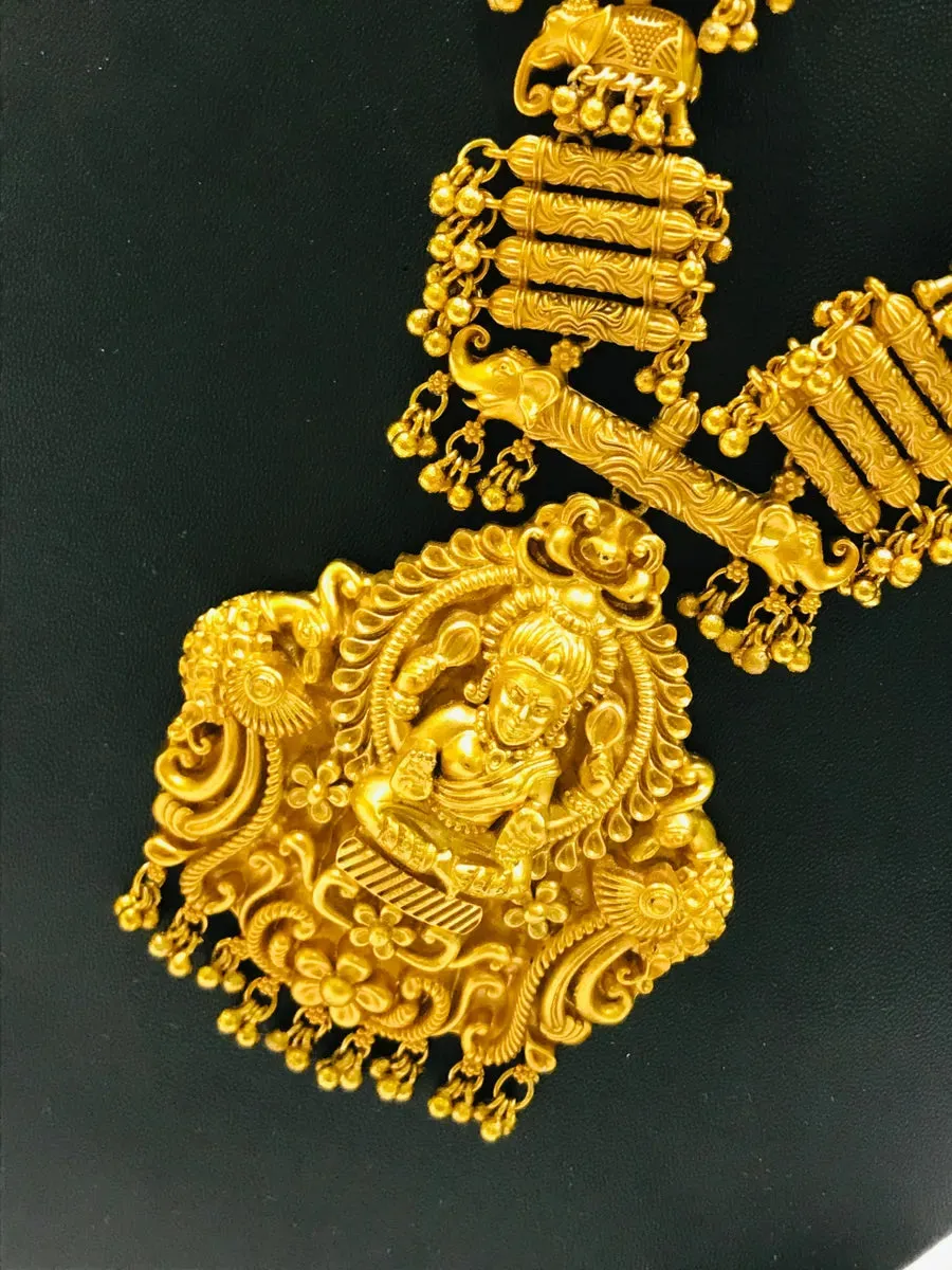 Magnificent Antique Gold Matte Finished Temple Design Long Chain With Jhumka Earrings