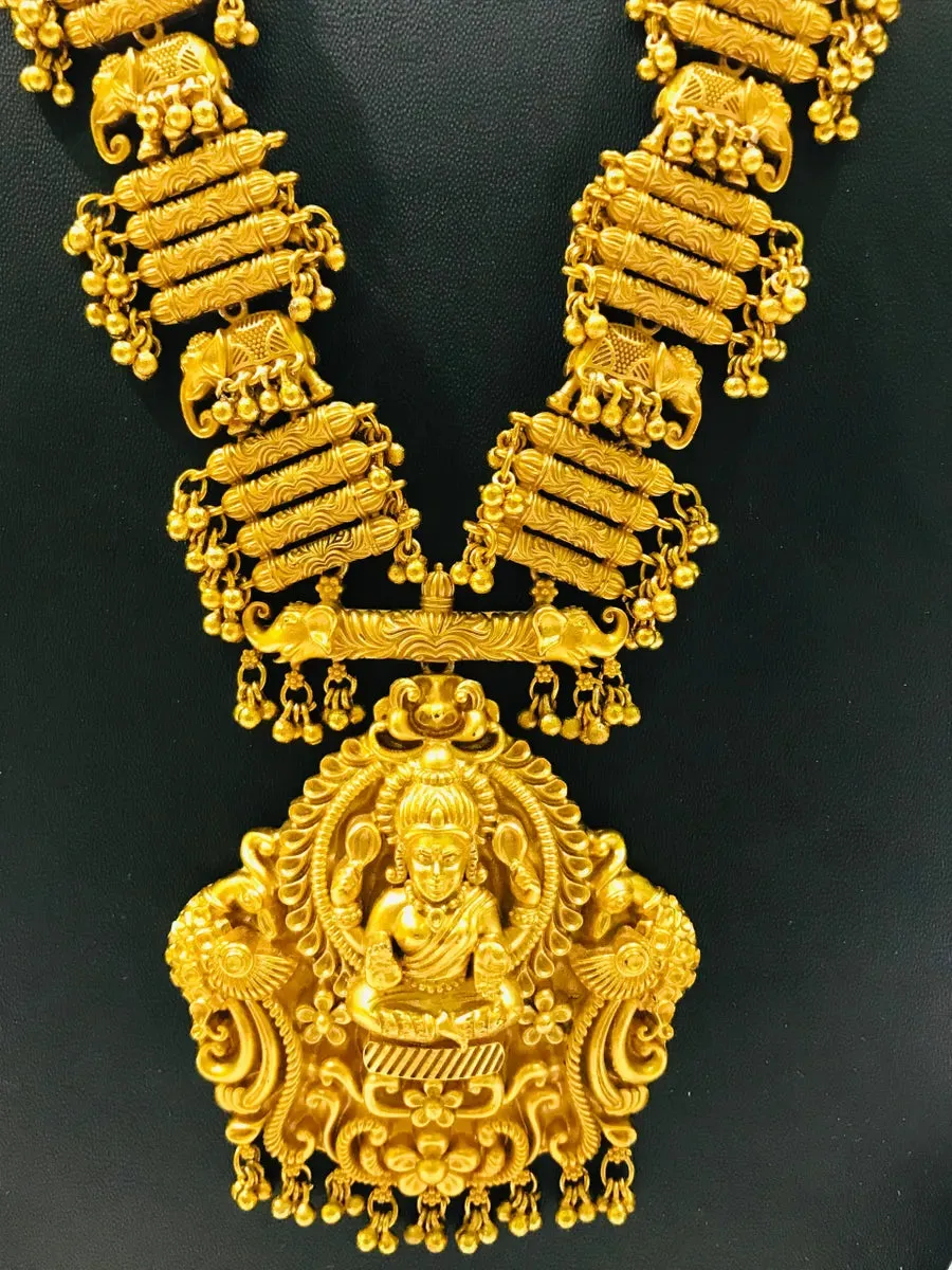 Magnificent Antique Gold Matte Finished Temple Design Long Chain With Jhumka Earrings