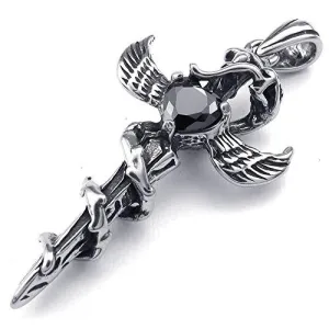 Men Snake Wing Cross Sword CZ Stainless Steel Pendant Necklace, Black, 24 inch Chain