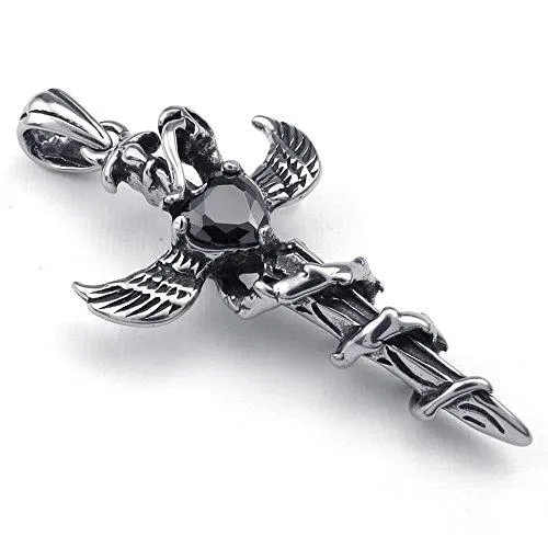 Men Snake Wing Cross Sword CZ Stainless Steel Pendant Necklace, Black, 24 inch Chain