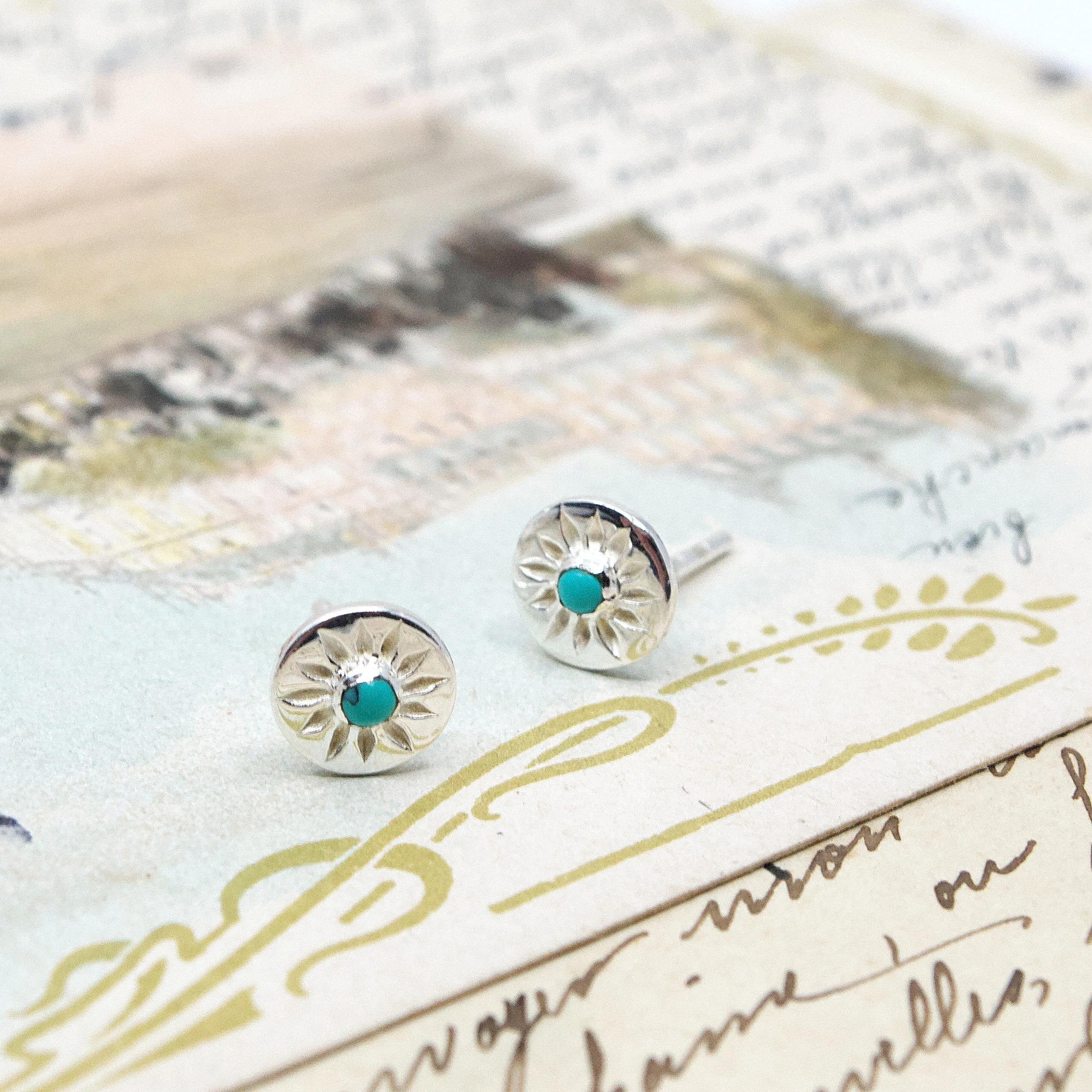 Mini-Sunburst Turquoise .925 Silver Post Earrings