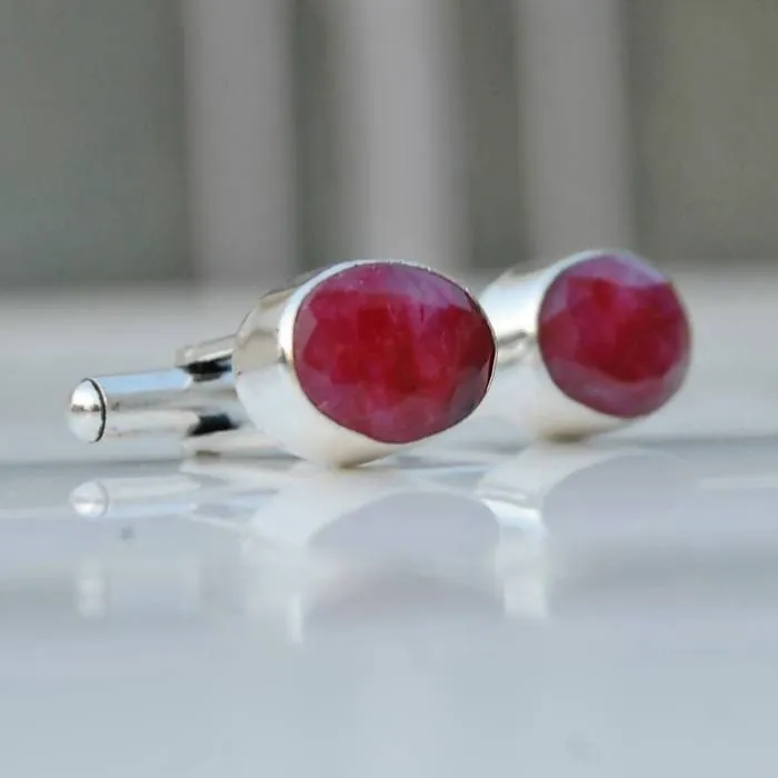 Natural Indian Red Ruby Gemstone 925 Sterling silver Handmade Cufflinks, Handmade Men's gift Jewelry, Birthstone Ruby Cufflinks