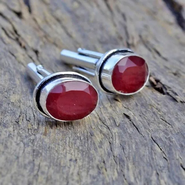 Natural Indian Red Ruby Gemstone 925 Sterling silver Handmade Cufflinks, Handmade Men's gift Jewelry, Birthstone Ruby Cufflinks