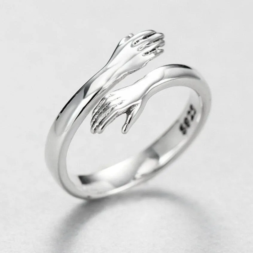 Novelty Love Hug Charm Adjustable Ring - 925 Sterling Silver