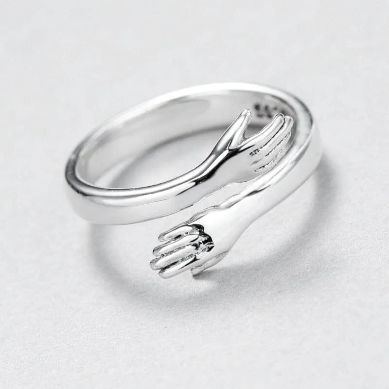 Novelty Love Hug Charm Adjustable Ring - 925 Sterling Silver