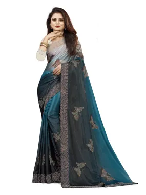 Odette Women Blue Lycra Digital Print & Siroski Work Saree With Unstitched Blouse