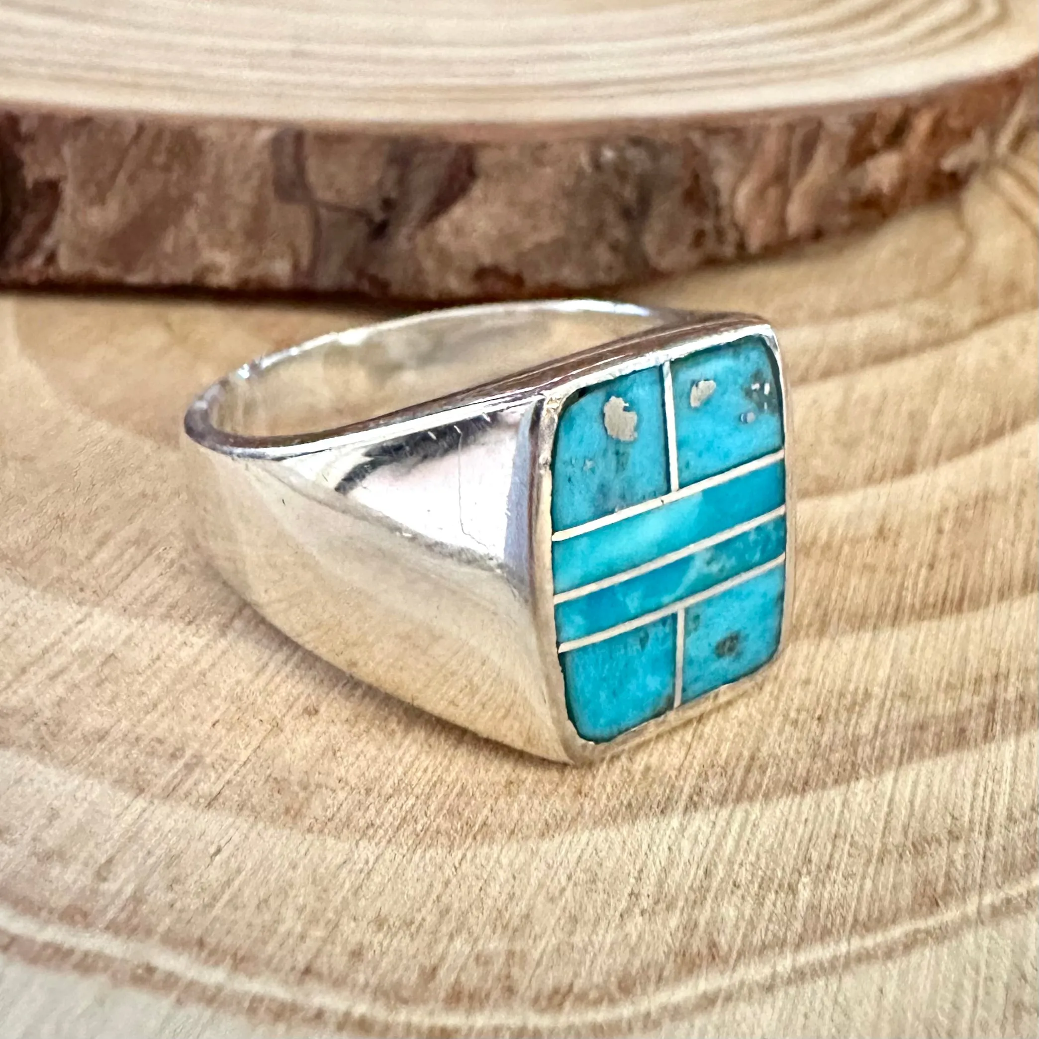 OPEN OCEAN Turquoise & Sterling Silver Native American Inlay Ring Mens  Size 11