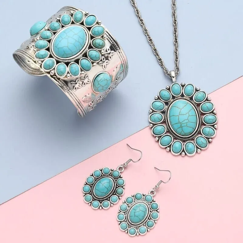 Oval Howlite Flower Turquoise Jewelry Set