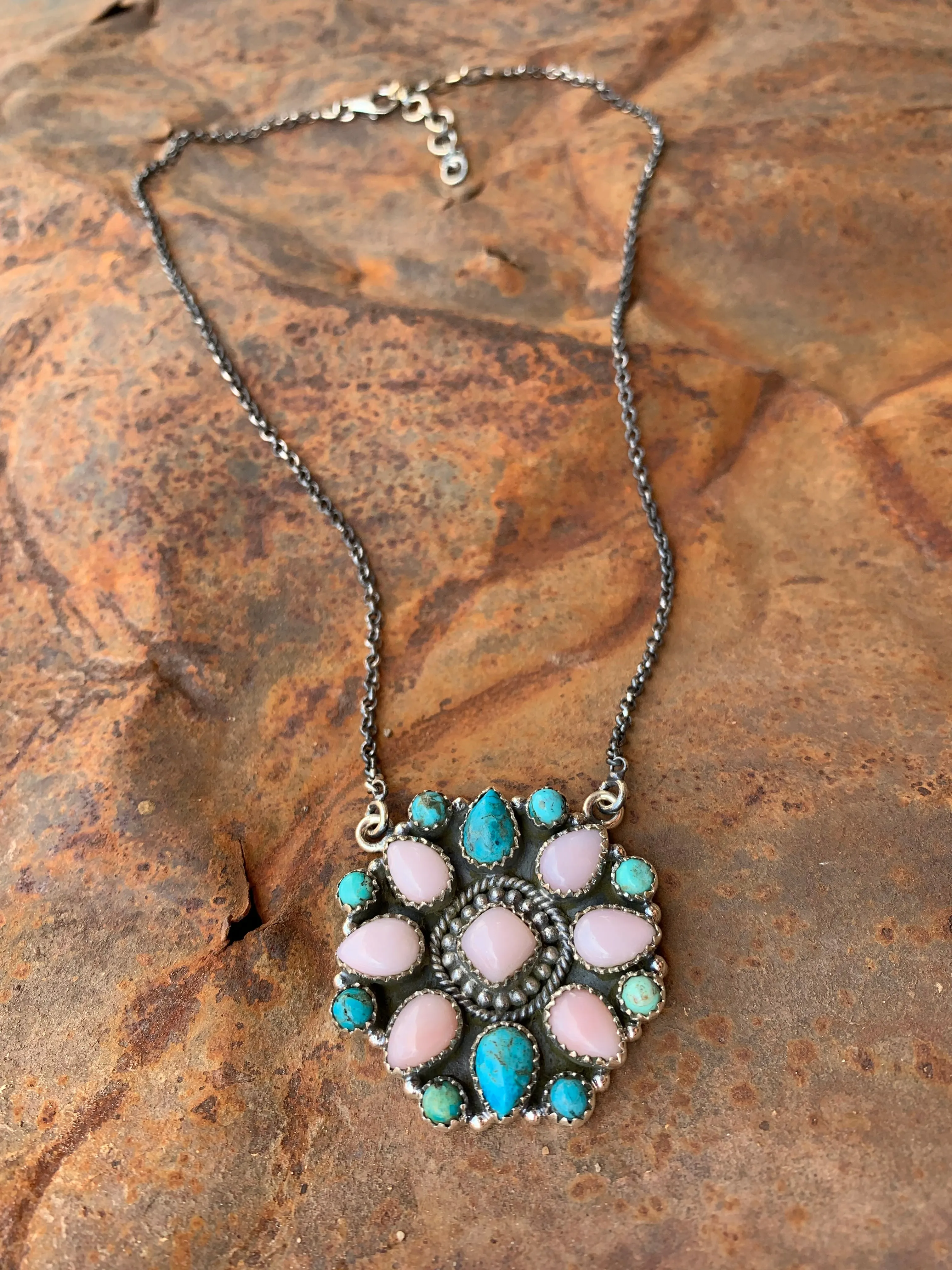 Pink Opal & Turquoise Cluster necklace