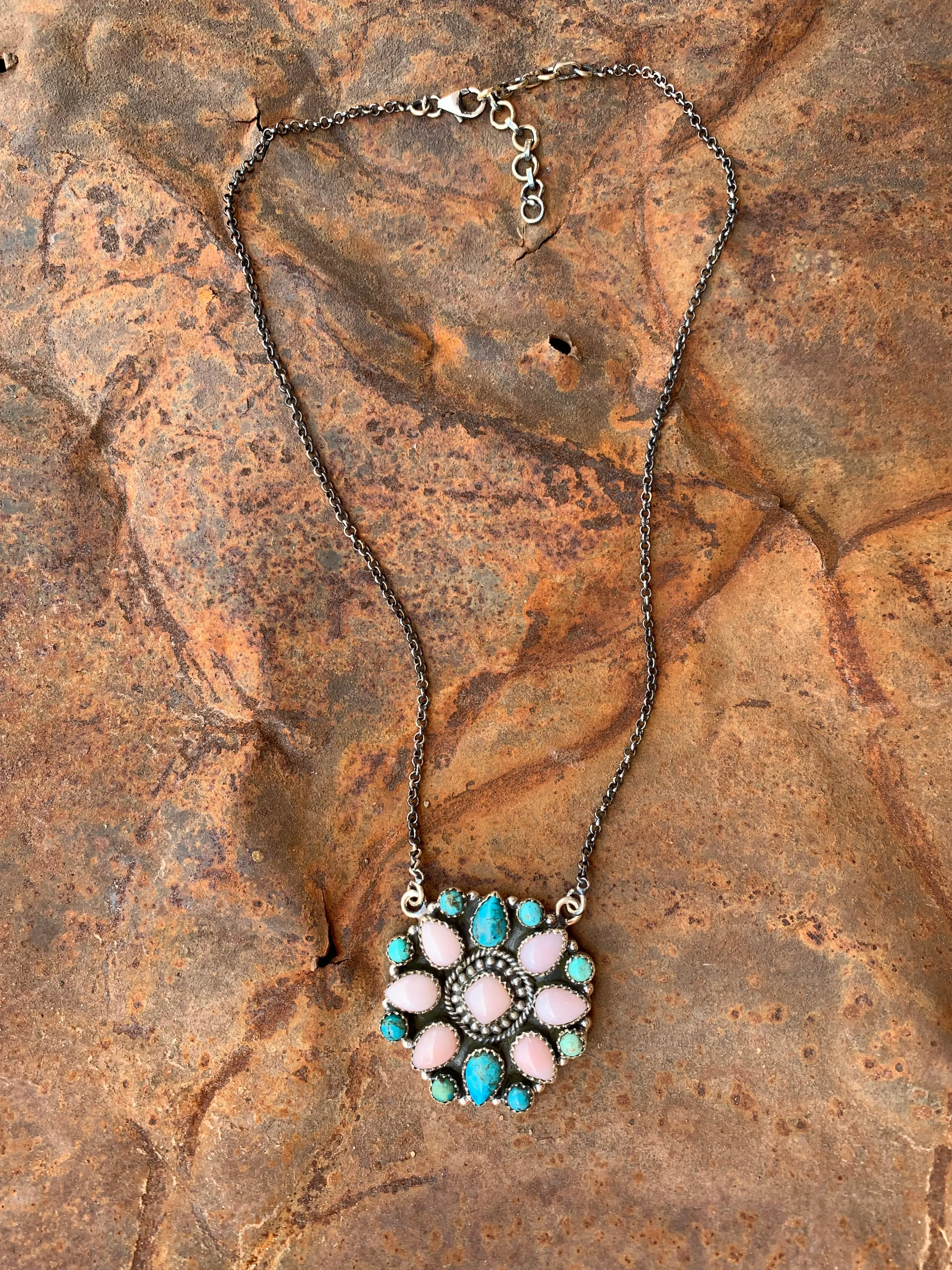 Pink Opal & Turquoise Cluster necklace