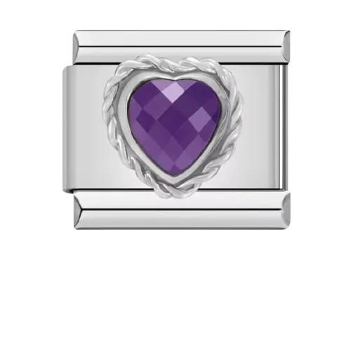 Purple CZ Heart  Italian CharmLink, Stainless Steel