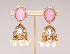 Rani Pink Yellow Gold Statement Jhumkas Moissanite Indian Jewelry Earrings - Jaipur Rose Modern Luxury Designer Indian Jewelry