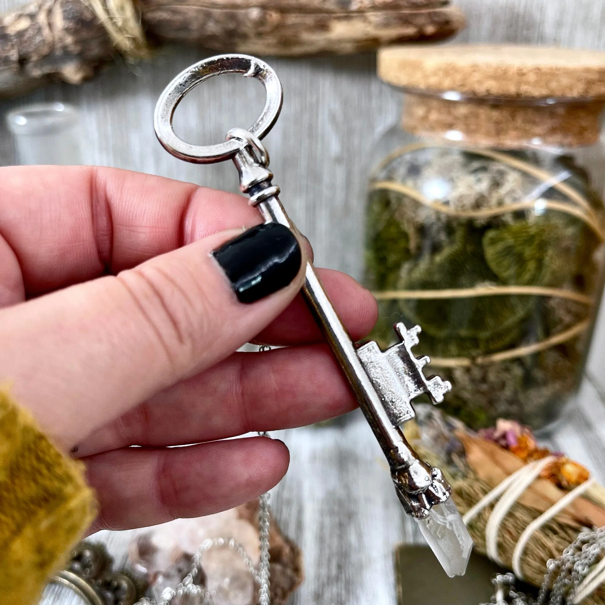 Raw Clear Quartz Crystal Vintage Skeleton Key Necklace Pendant in Fine Silver  / Foxlark Collection - One of a Kind