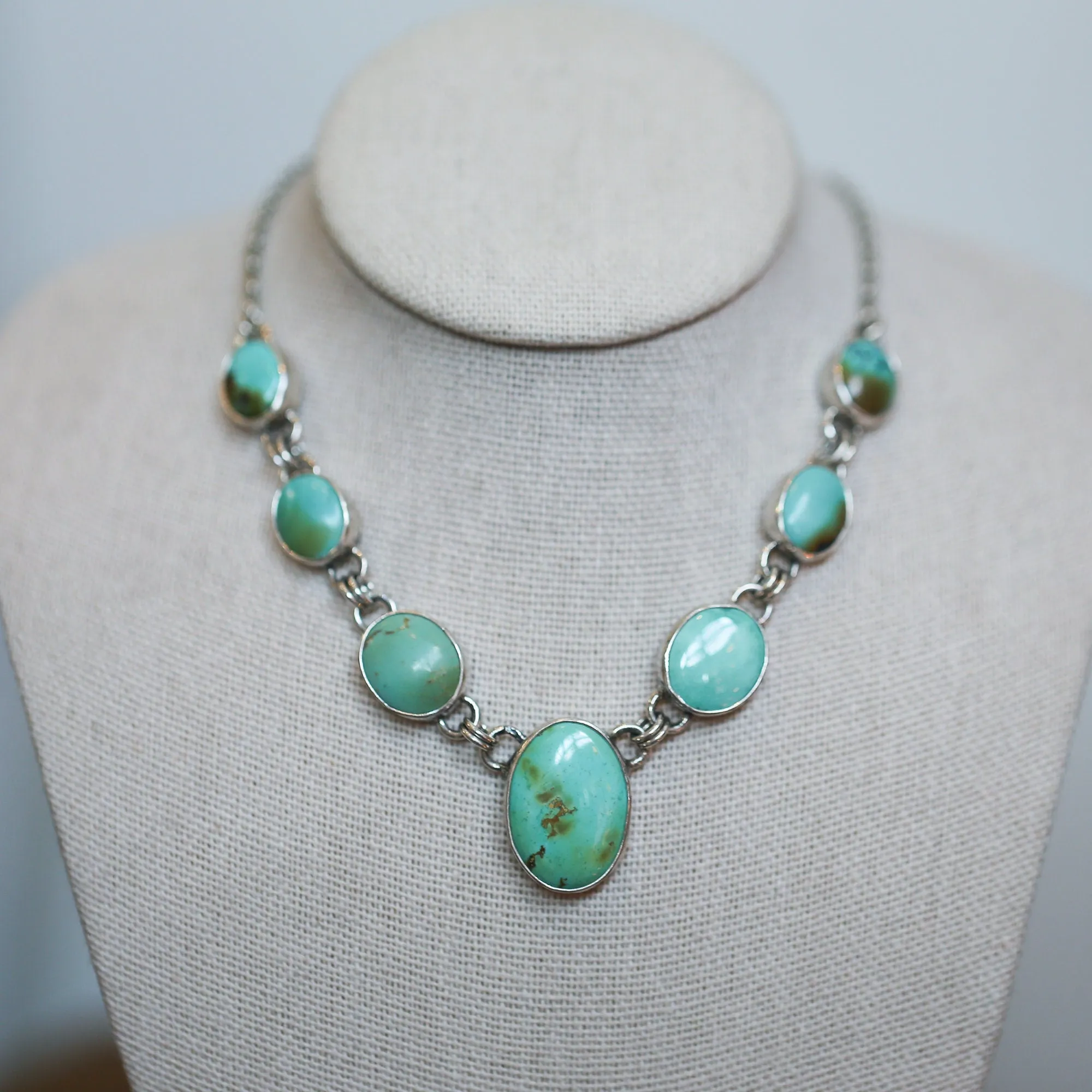 Ready to Ship - OOAK Silversmith - 7 stone Turquoise Necklace with Chain