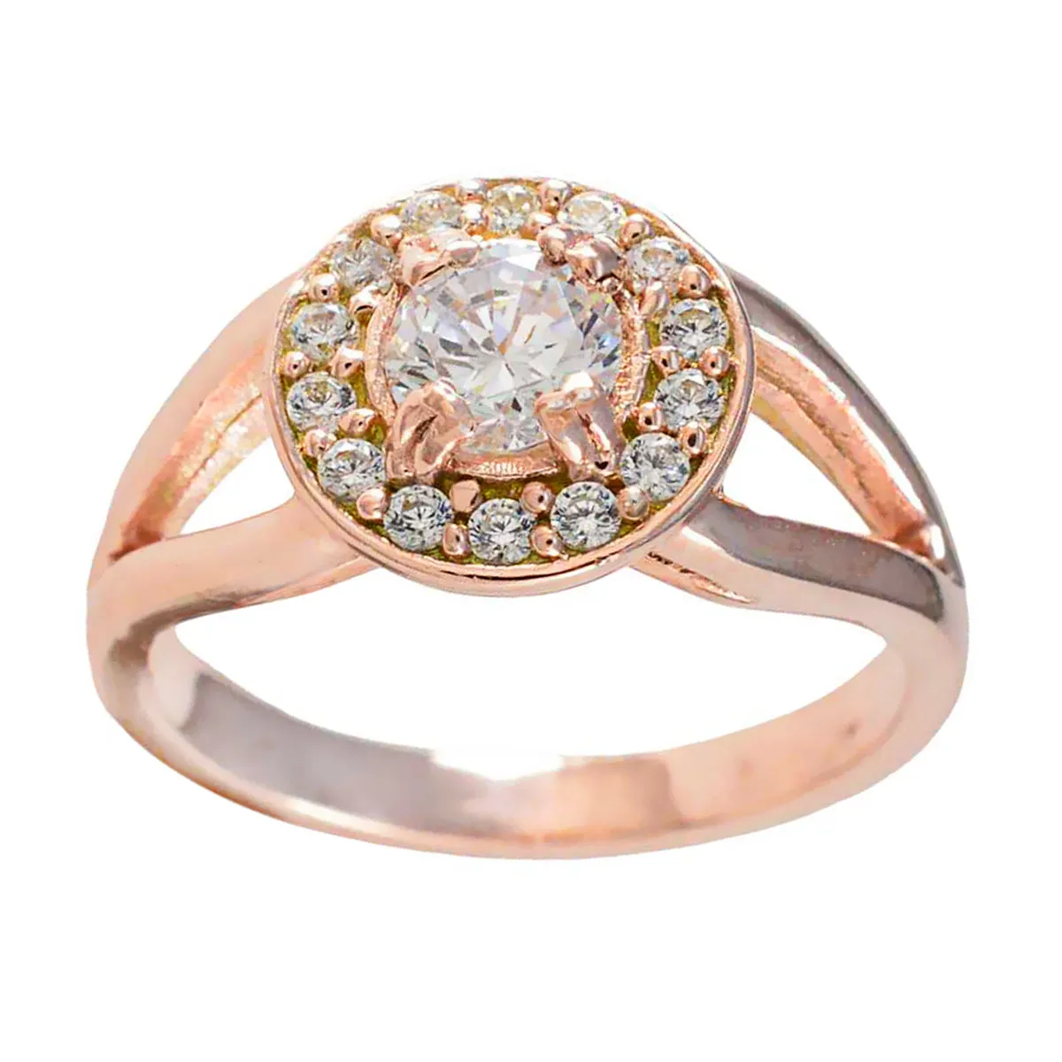 Riyo Classical Silver Ring With Rose Gold Plating White CZ Stone Round Shape Prong Setting Handmade Jewelry Cocktail Ring