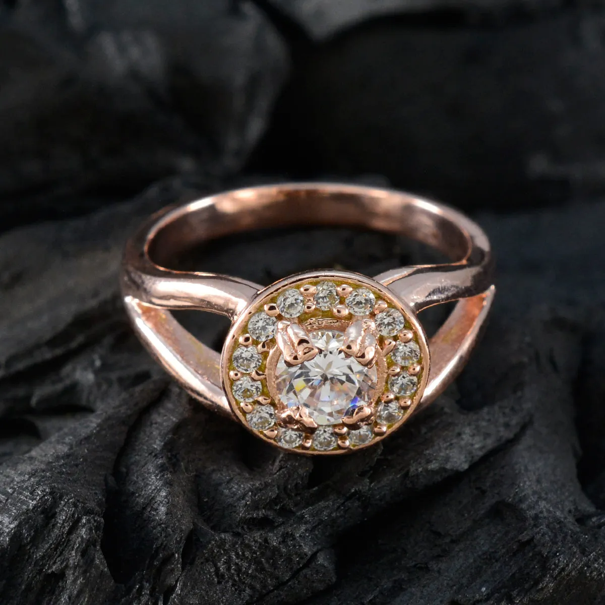 Riyo Classical Silver Ring With Rose Gold Plating White CZ Stone Round Shape Prong Setting Handmade Jewelry Cocktail Ring