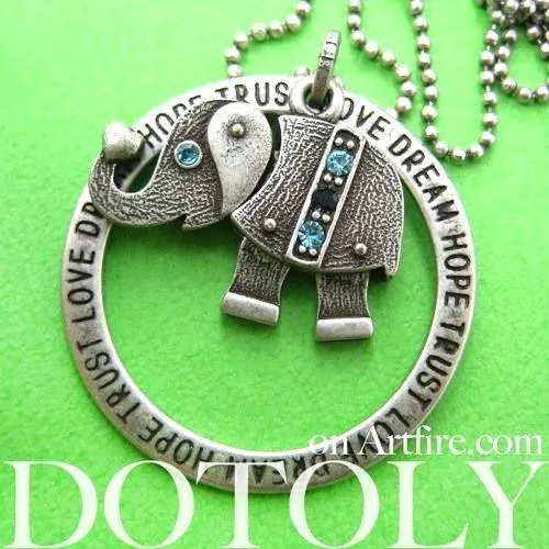 Robot Elephant Animal Pendant Necklace in Silver with Rhinestones