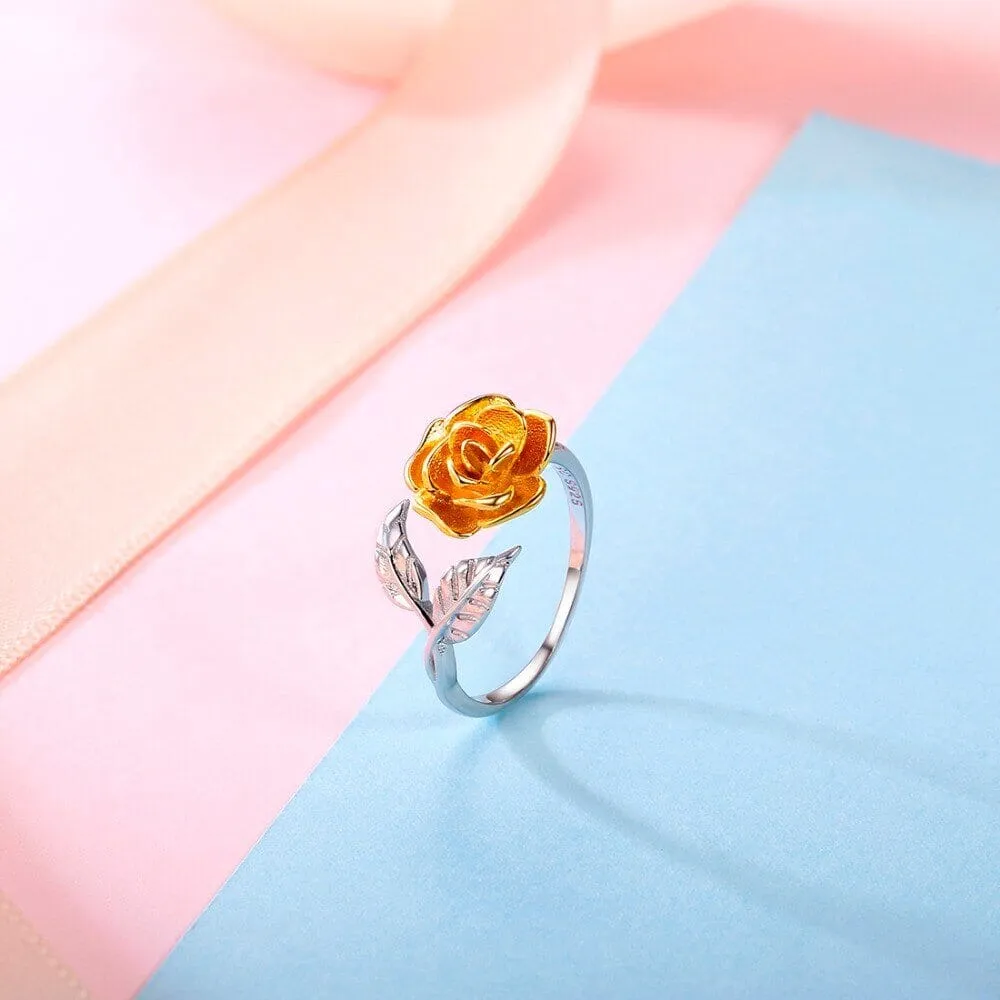 Rose Flower Leaf Open Ring - 925 Sterling Silver