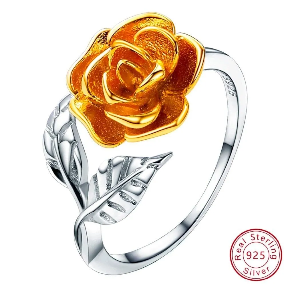 Rose Flower Leaf Open Ring - 925 Sterling Silver