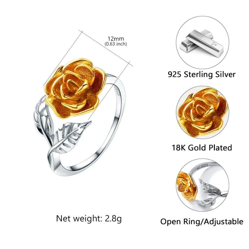 Rose Flower Leaf Open Ring - 925 Sterling Silver