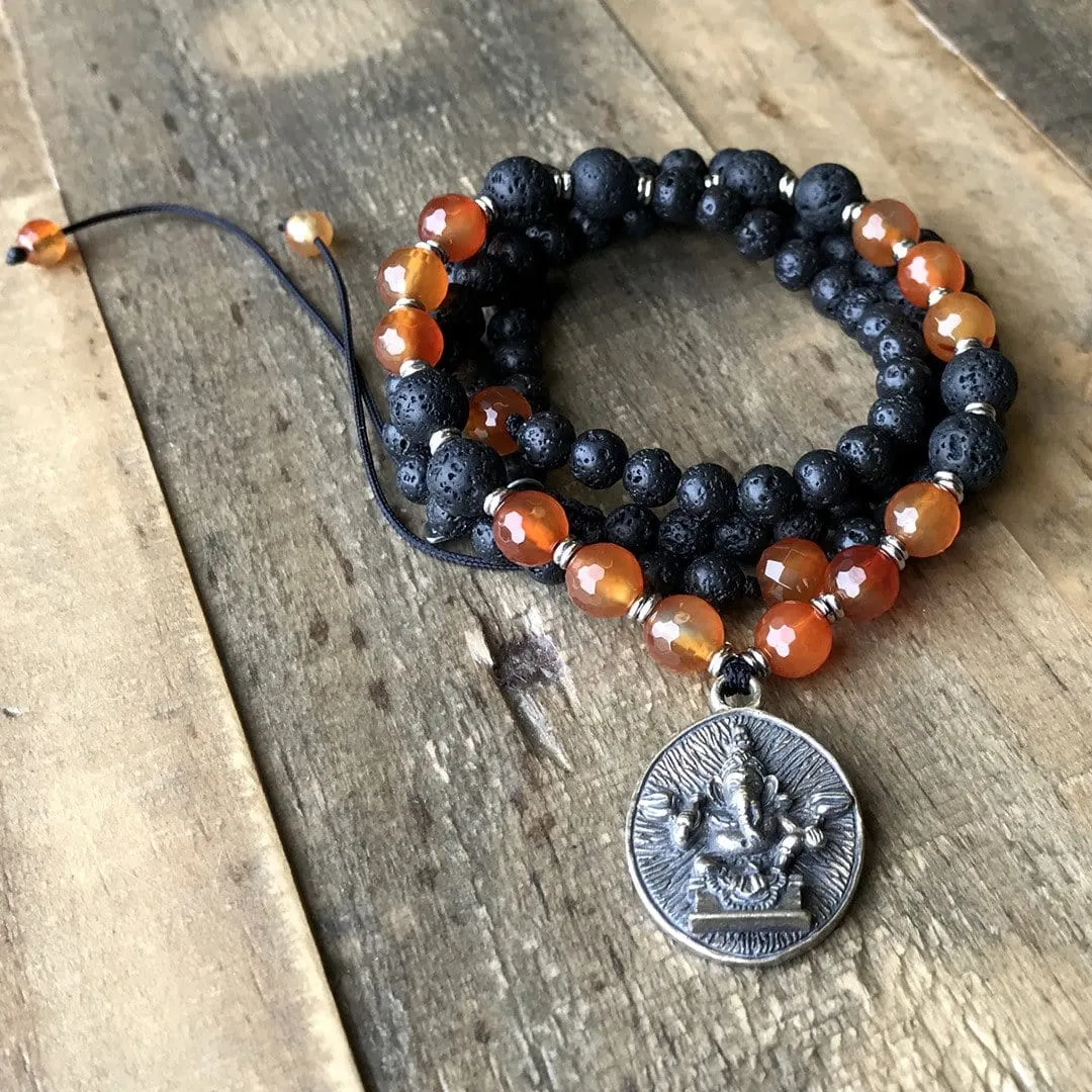 Sacral Chakra Aromatherapy Lava Rock Mala Beads with Ganesh Pendant