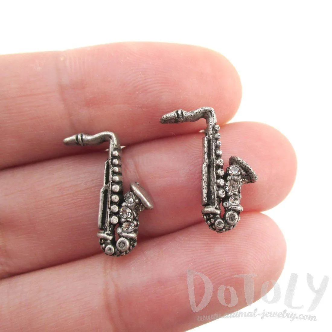 Saxophone Shaped Rhinestone Stud Earrings in Silver | Music Themed Jewelry