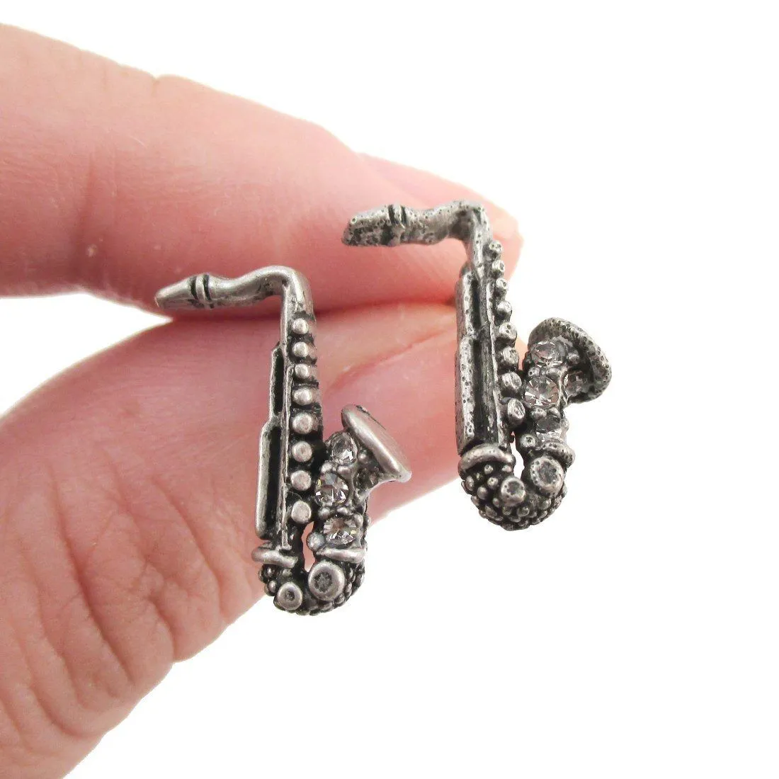 Saxophone Shaped Rhinestone Stud Earrings in Silver | Music Themed Jewelry