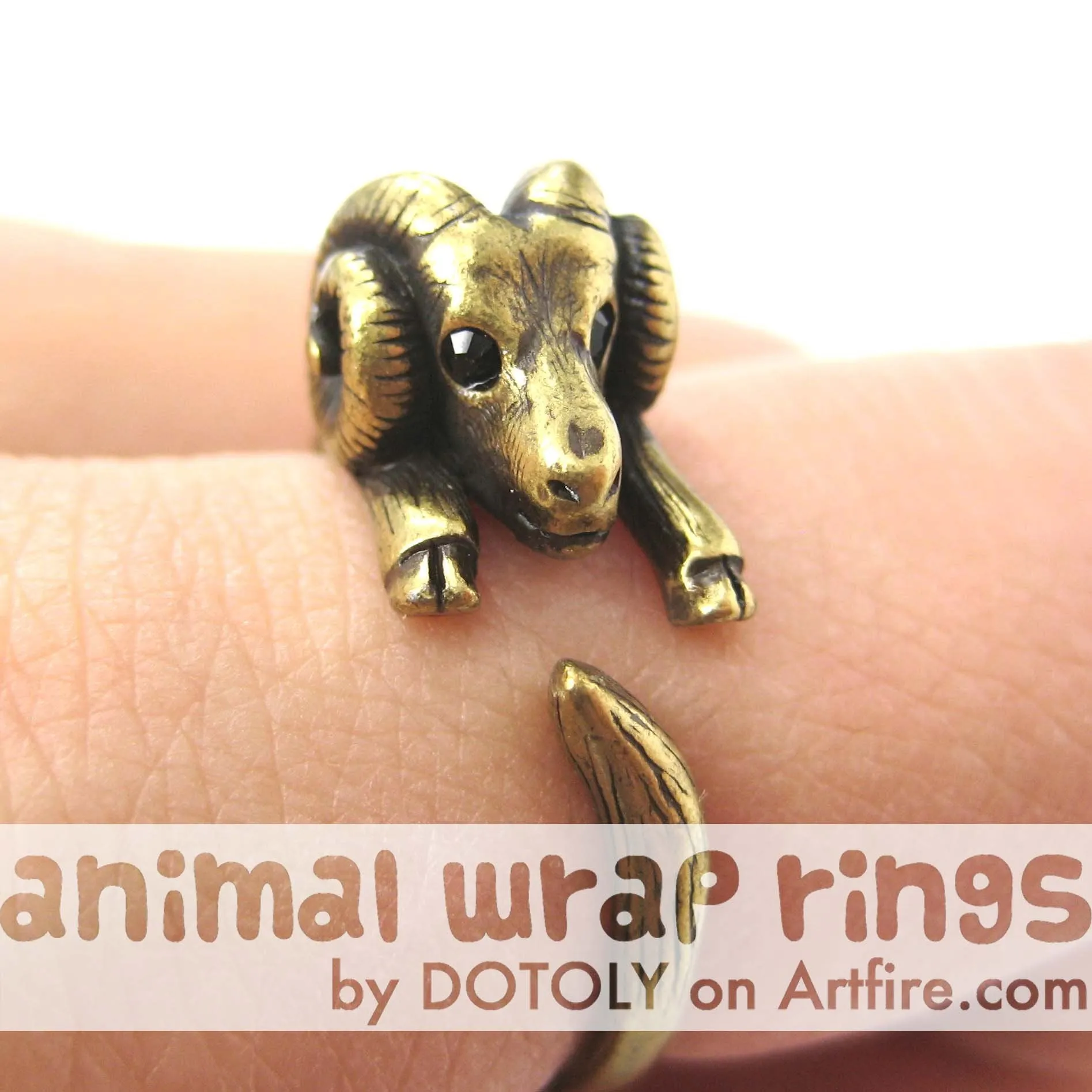 Sheep Ram Animal Wrap Around Ring in Brass - Sizes 4 to 9 Available