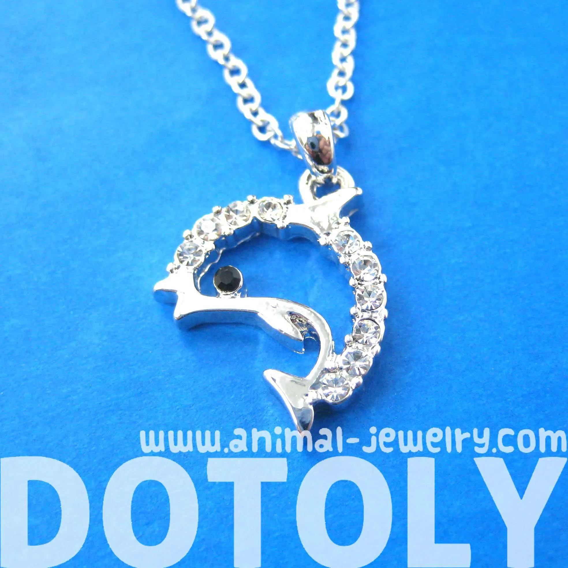 Simple Dolphin Shaped Sea Animal Pendant Necklace in Silver with Rhinestones