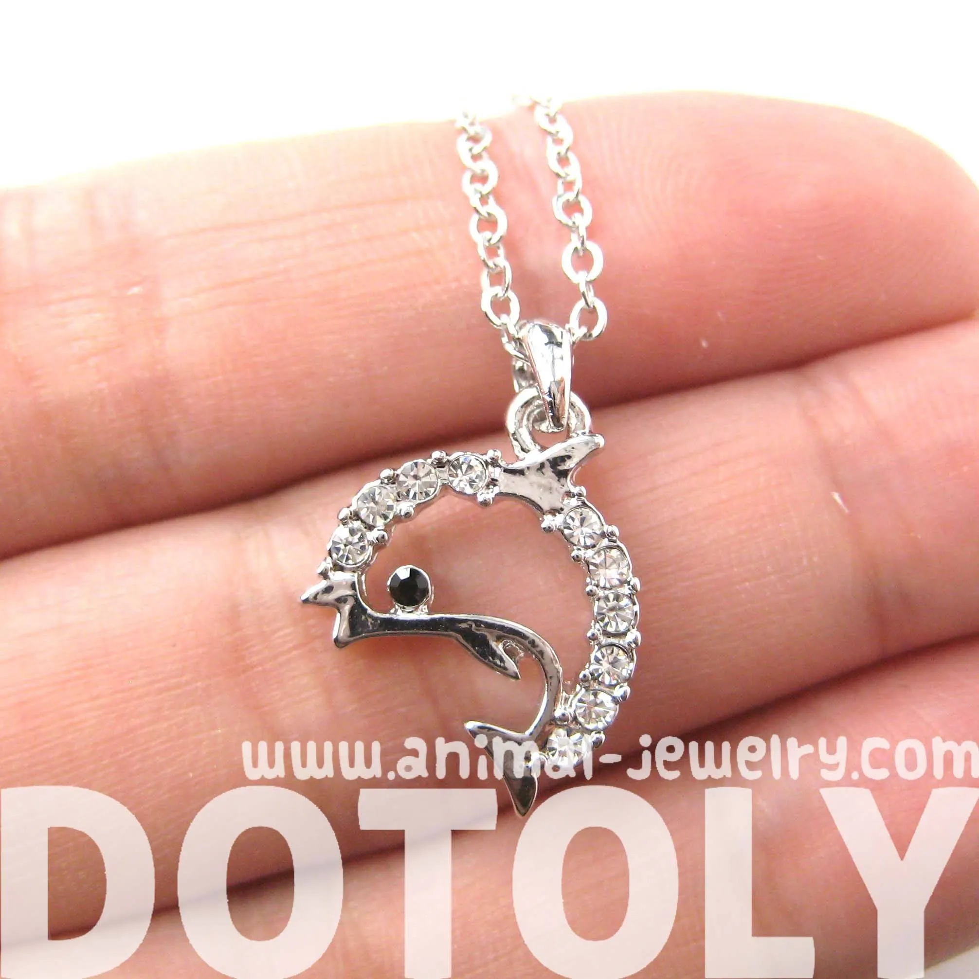 Simple Dolphin Shaped Sea Animal Pendant Necklace in Silver with Rhinestones