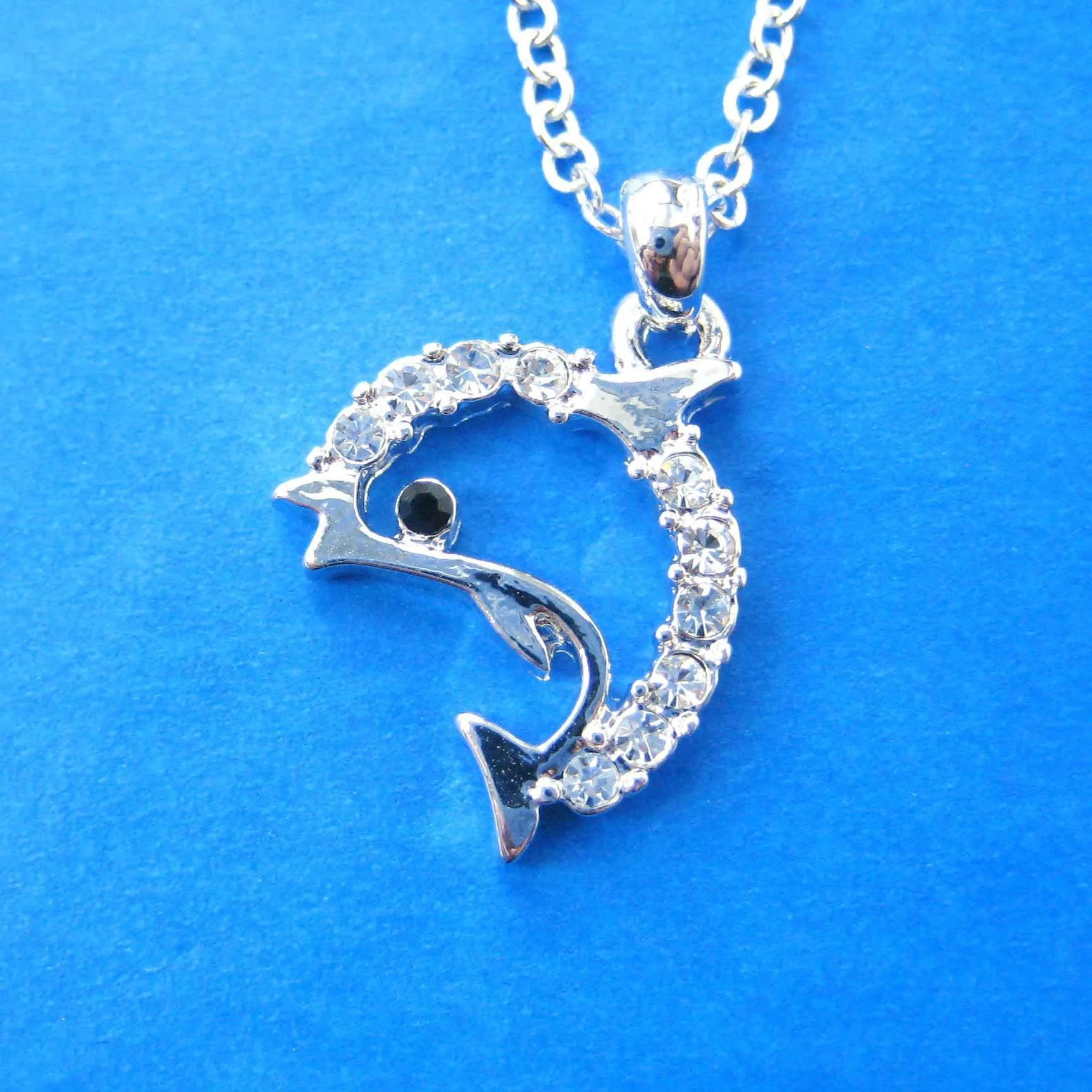 Simple Dolphin Shaped Sea Animal Pendant Necklace in Silver with Rhinestones