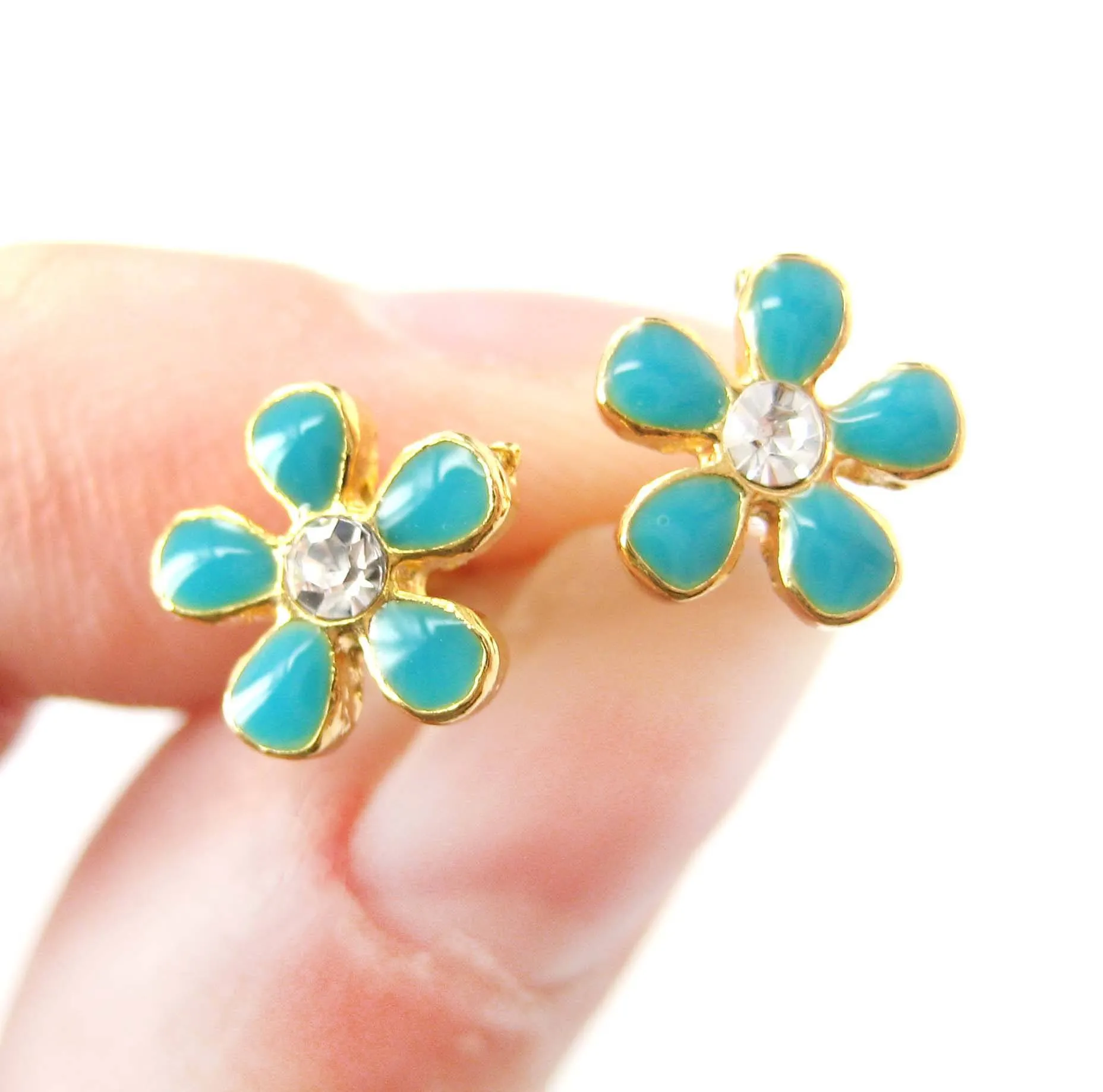 Small Daisy Floral Flower Shaped Stud Earrings in Blue on Gold with Rhinestones