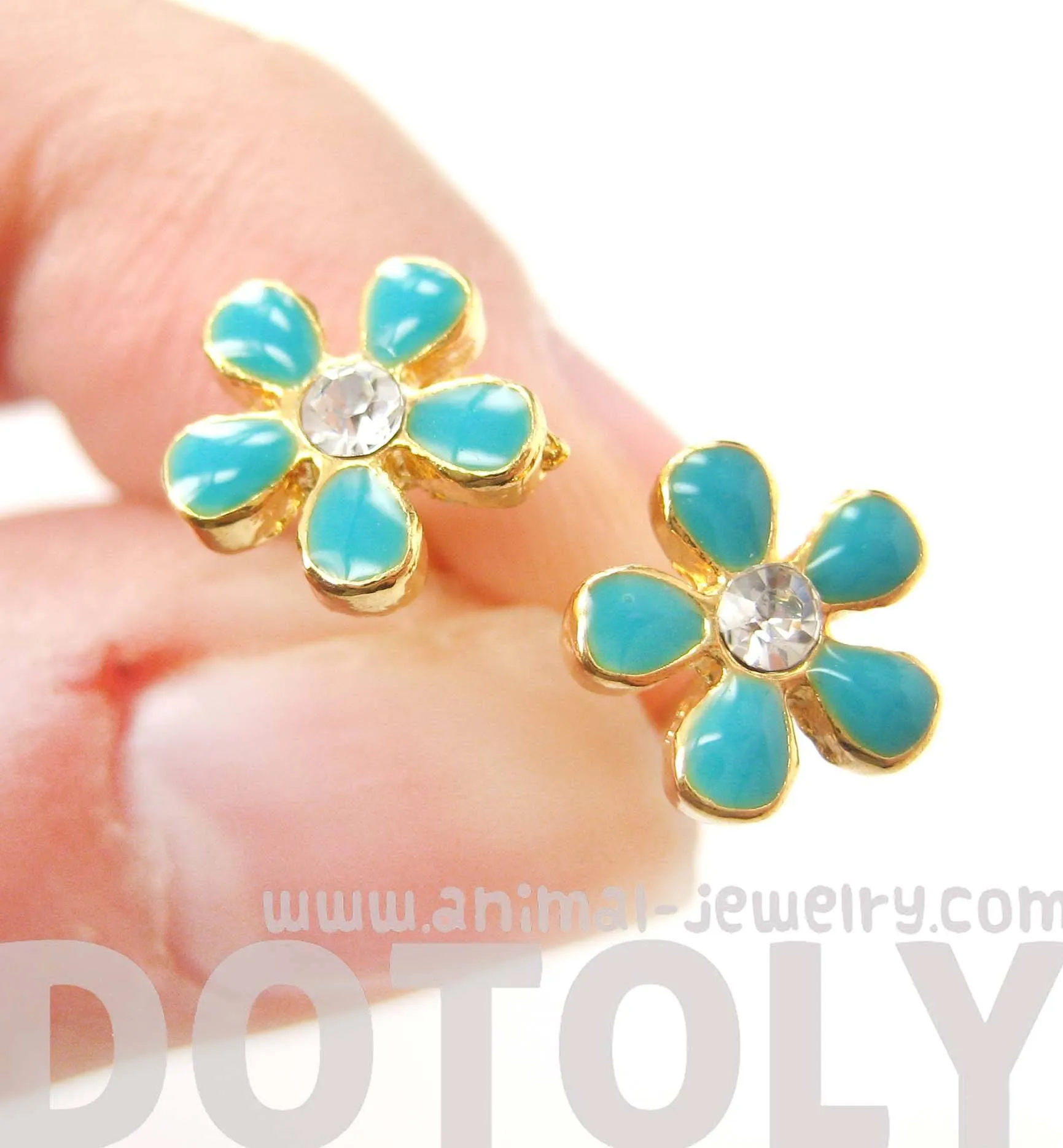 Small Daisy Floral Flower Shaped Stud Earrings in Blue on Gold with Rhinestones