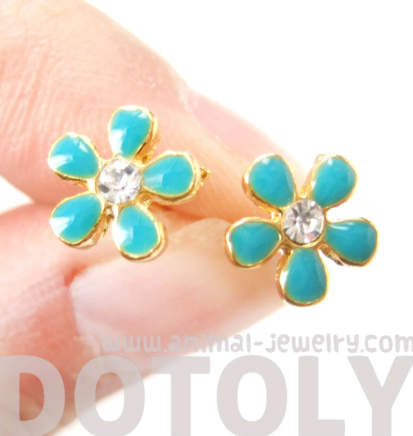 Small Daisy Floral Flower Shaped Stud Earrings in Blue on Gold with Rhinestones