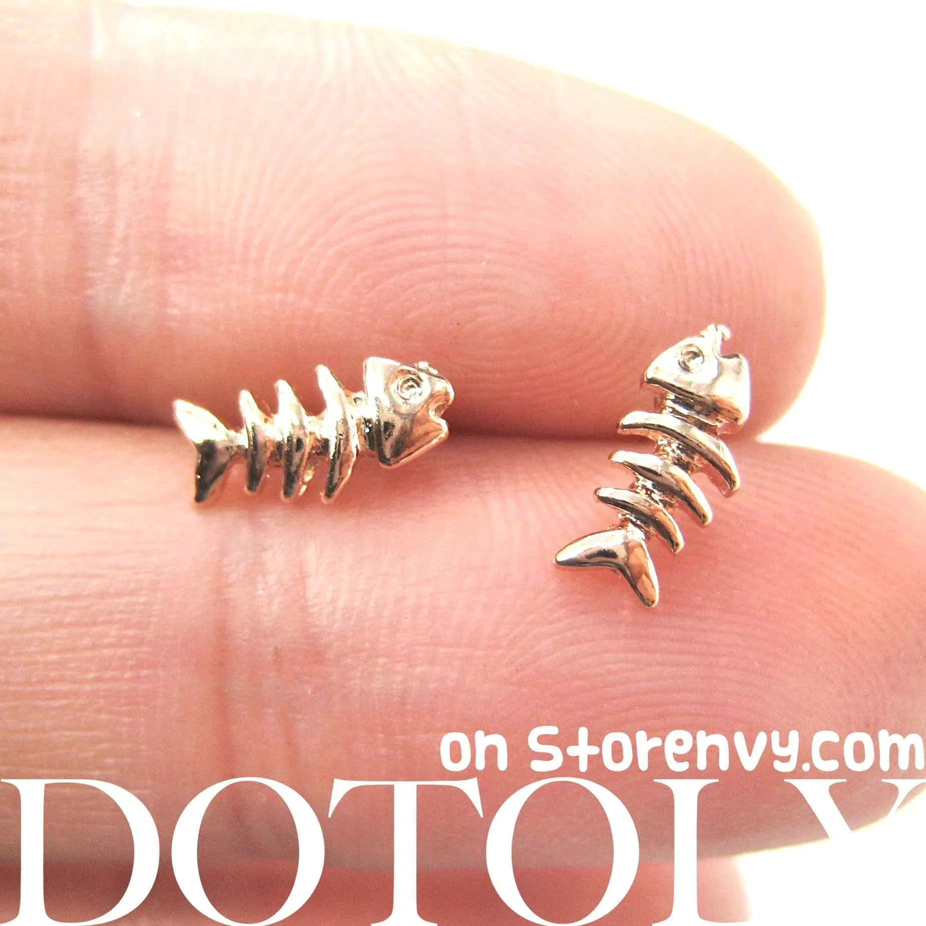 Small Fishbone Fish Skeleton Shaped Stud Earrings in Gold