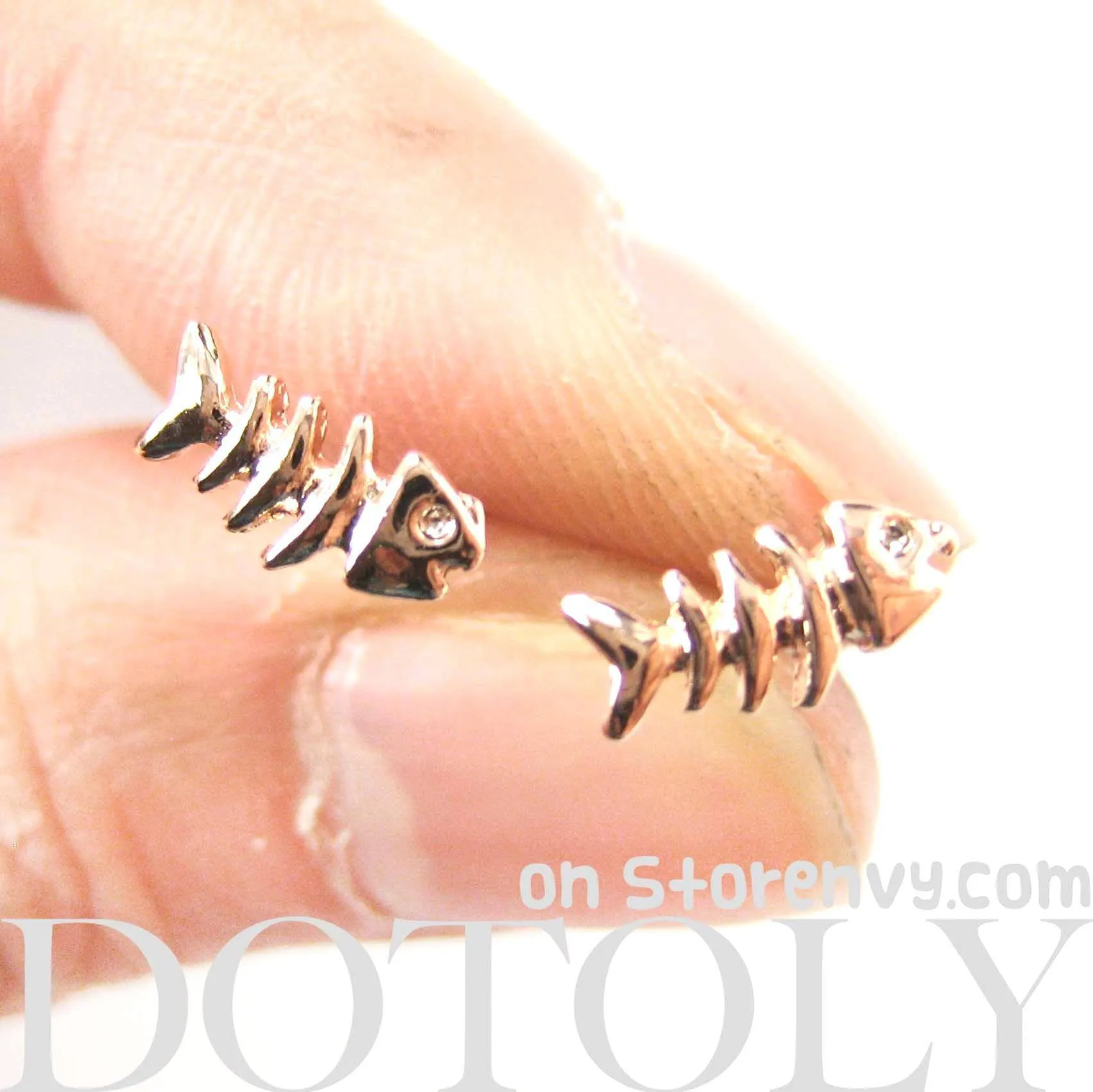 Small Fishbone Fish Skeleton Shaped Stud Earrings in Gold