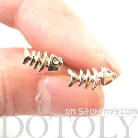 Small Fishbone Fish Skeleton Shaped Stud Earrings in Gold