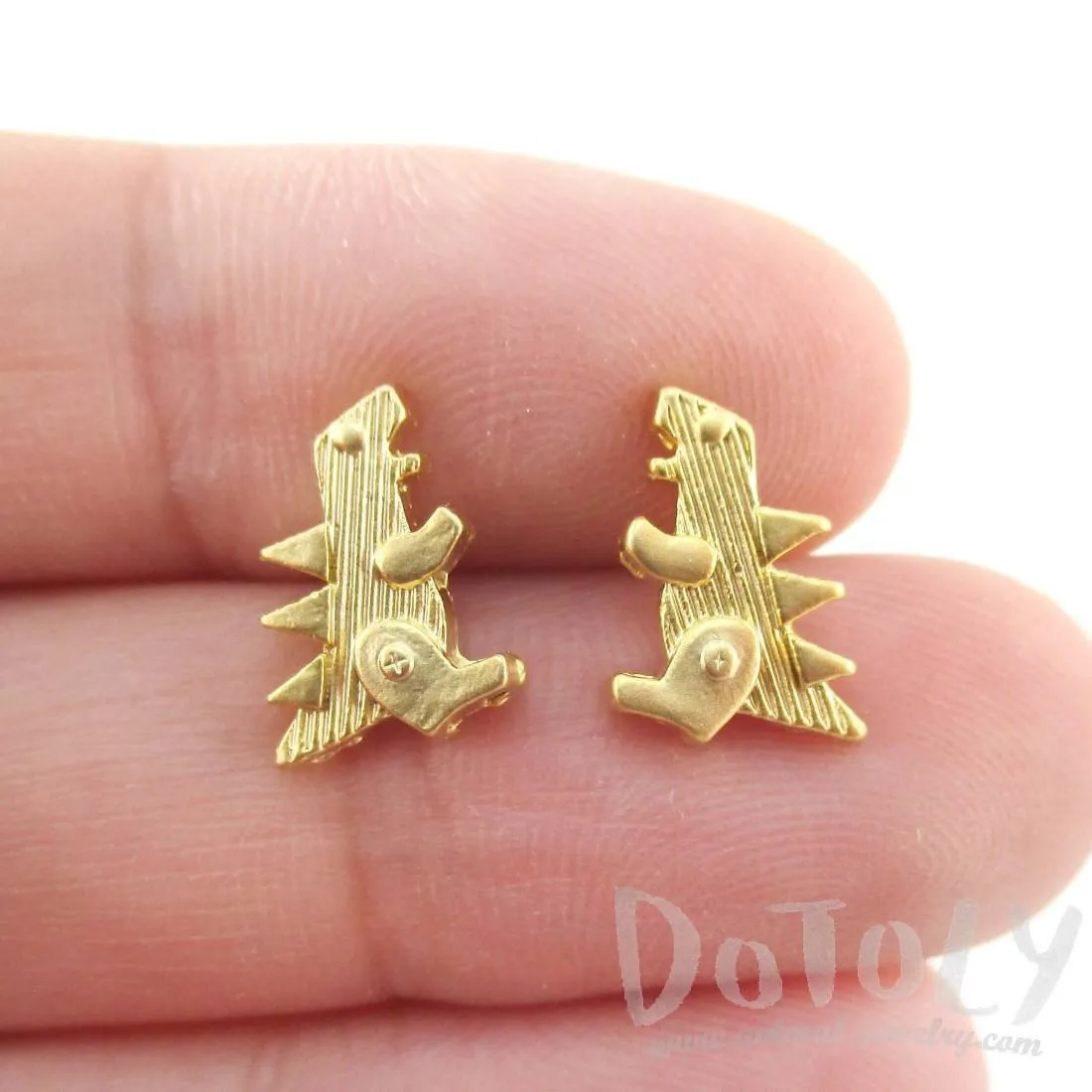 Small Godzilla Shaped Dinosaur Stud Earrings in Gold | DOTOLY