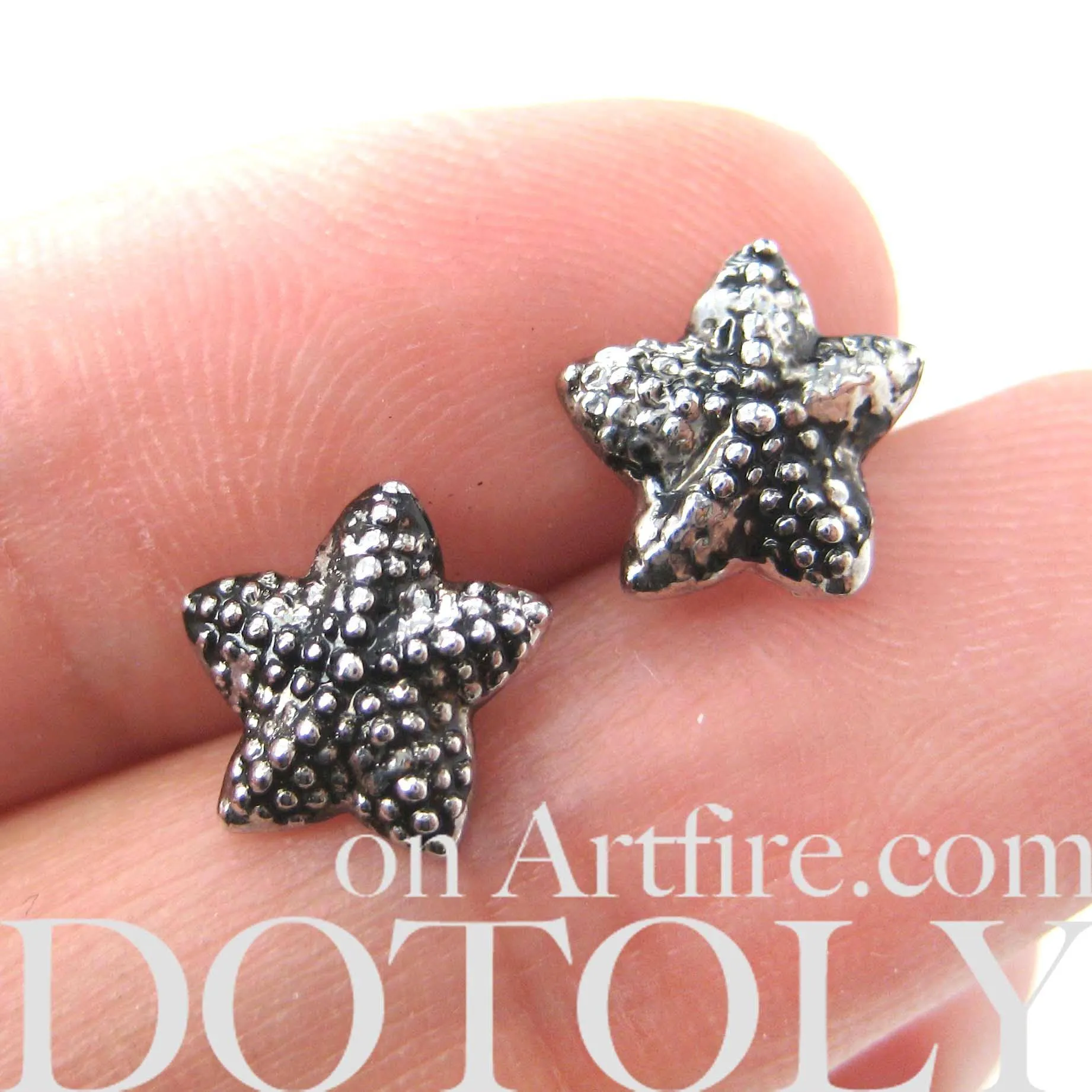 Small Textural Starfish Star Shaped Stud Earrings in Silver | DOTOLY