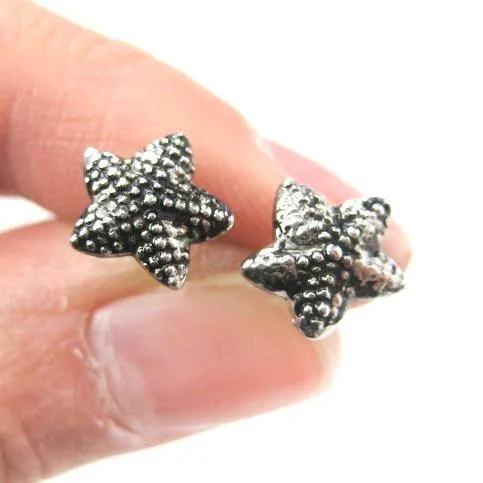 Small Textural Starfish Star Shaped Stud Earrings in Silver | DOTOLY