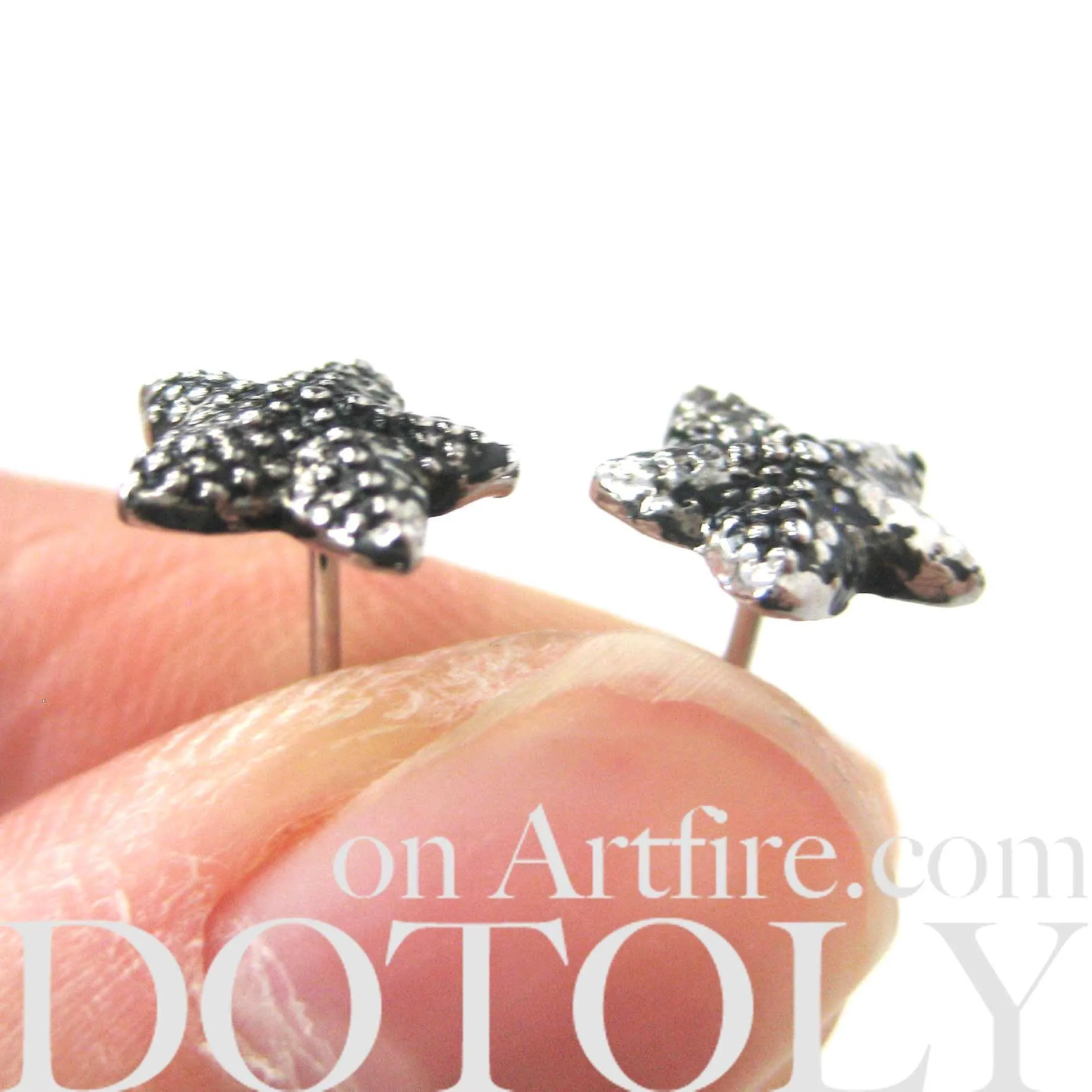 Small Textural Starfish Star Shaped Stud Earrings in Silver | DOTOLY