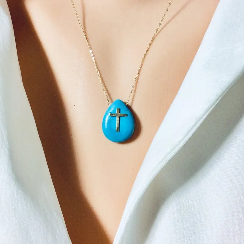 Solid Gold 18K Turquoise Pendant Solid Gold Cross Pendant & Chain 16 or 18Inches Long