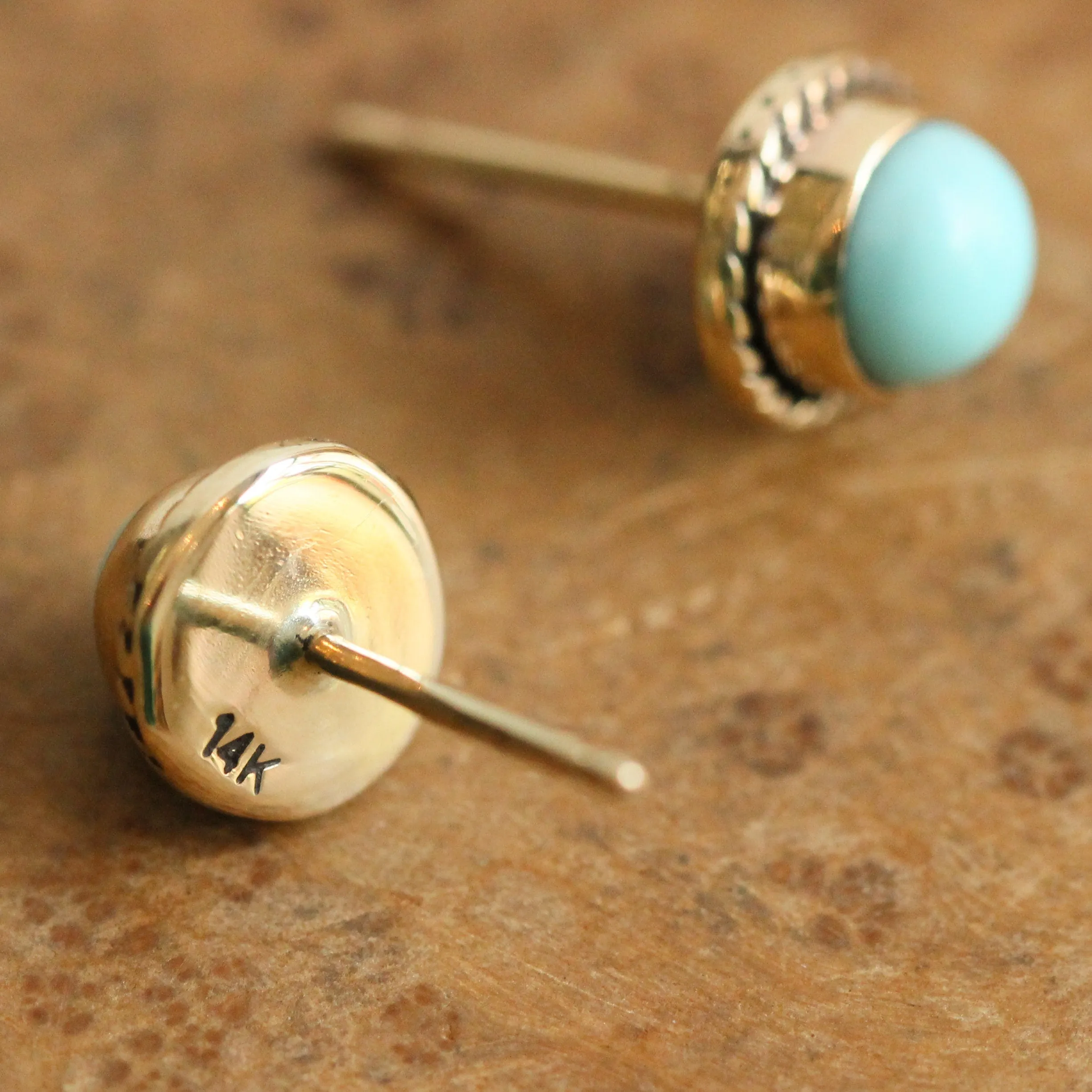 Solid Gold Turquoise Posts - 14 Karat Gold Earrings - Turquoise Studs - Goldsmith