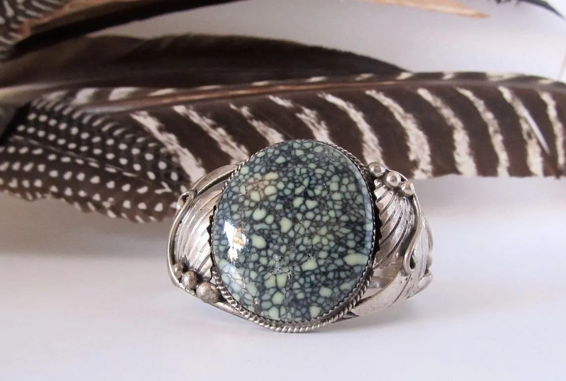 SPIDERWEB Lander Turquoise and Silver Navajo Cuff, P.M. Hallmark