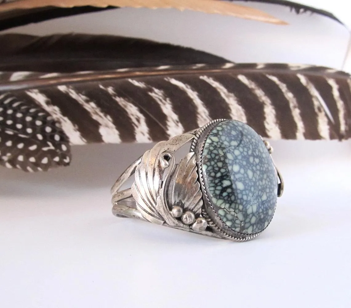 SPIDERWEB Lander Turquoise and Silver Navajo Cuff, P.M. Hallmark