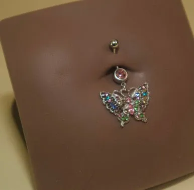 Steel Colorful Gems Steel Butterfly  Navel Belly Button Ring