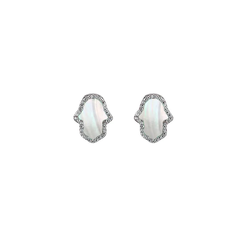 Sterling Silver Mother of Pearl Halo Hamsa Stud Earrings